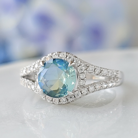 Blue & Teal tourmaline round gemstone ring, 925 Sterling Silver Charmed Aroma - Picture 2 of 4